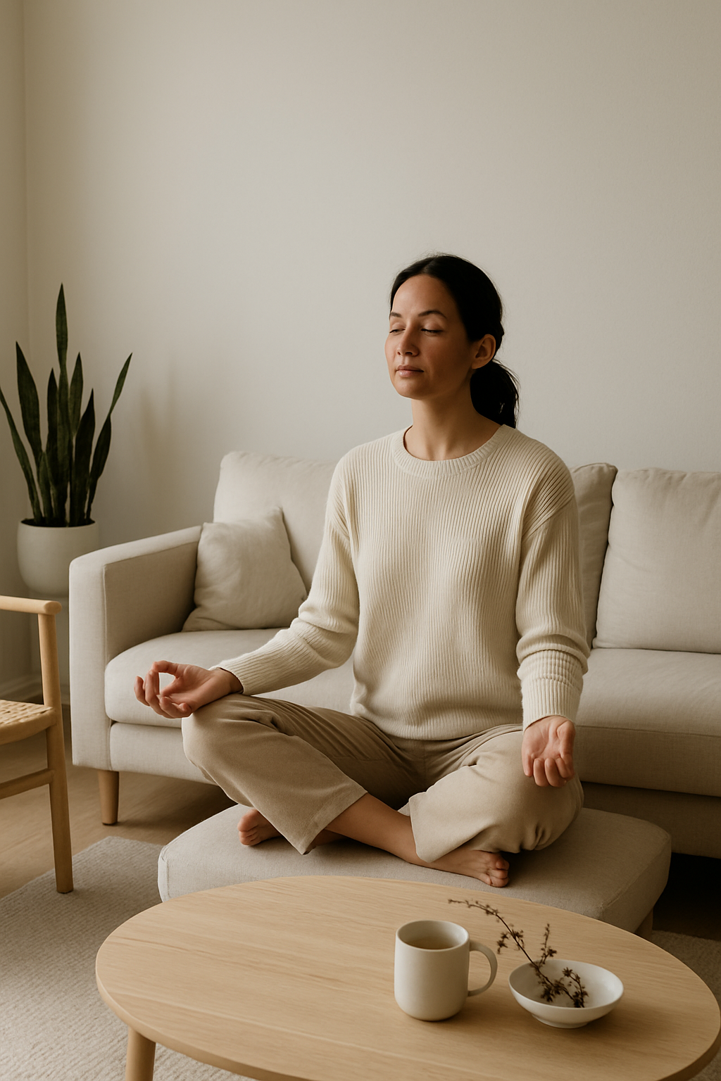 Femme méditant dans un salon épuré et minimaliste, ambiance calme et zen.